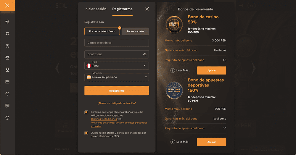 Variedad de juegos de Sol Casino