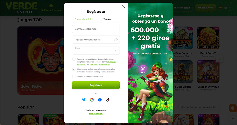 Formulario de inscripción en el Casino Verde