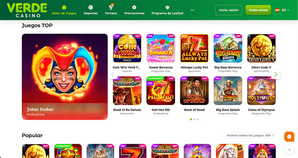 Variedad de juegos de azar en Verde Casino